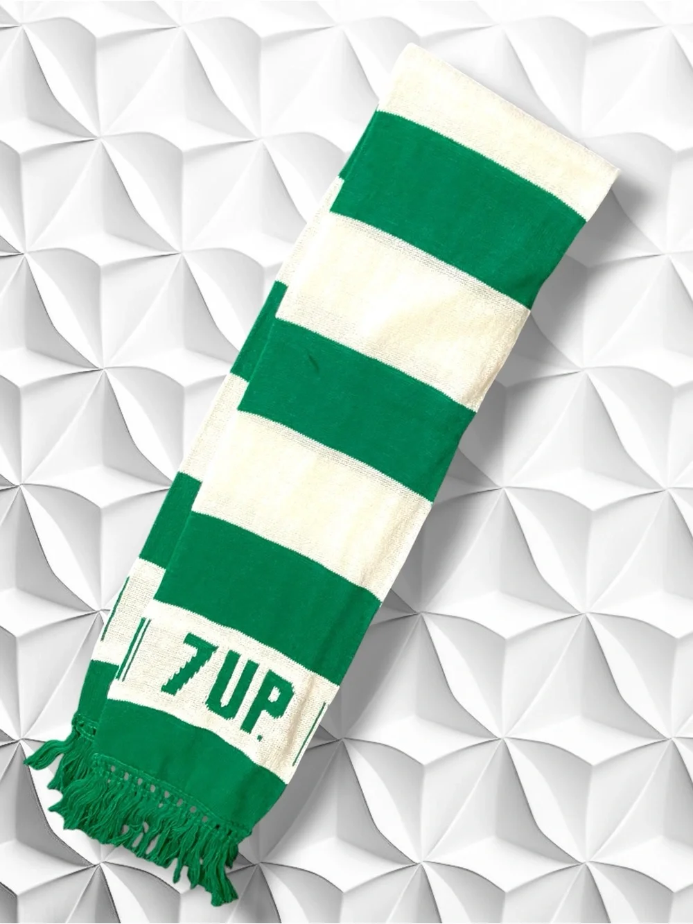 Vintage 7-Up Striped Knit Scarf Green White Fringed Retro 70s 80s Soda Promo
